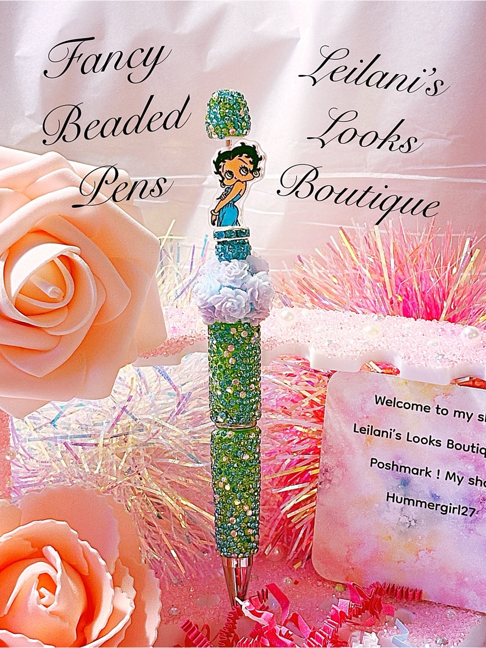 Green Beaded Ballpoint Pen/ Fancy beaded Pen/gifts/flowers beads
